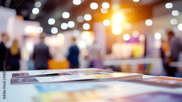 Fototapeta Exhibition with Brochure: A close-up perspective on a table adorned with brochures, leading the viewer's eye to a blurred backdrop of an exhibition hall, bustling with an assembly.