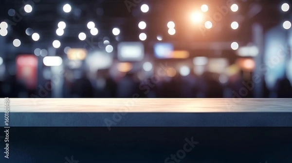 Fototapeta Empty Table in Business Event: A clear shot of empty table, perfect for business presentation, surrounded by soft, blurred lights. The image creates anticipation