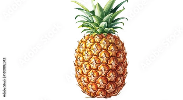 Fototapeta A vibrant pineapple with green leaves and a textured yellow body on a black background is displayed