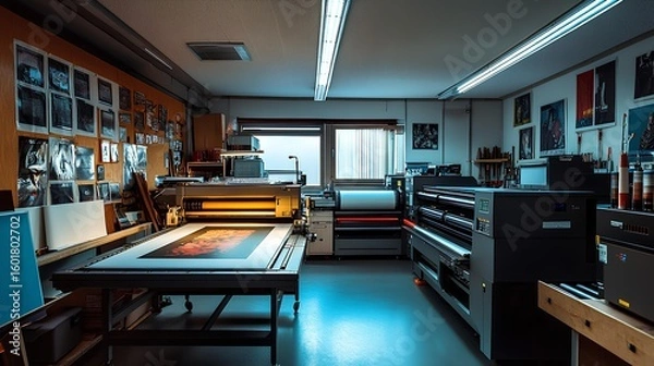 Fototapeta Printing Workshop: A modern printing workshop, showcasing a wide array of high-tech printers, work areas, and organized workflow, ideal for professional projects.