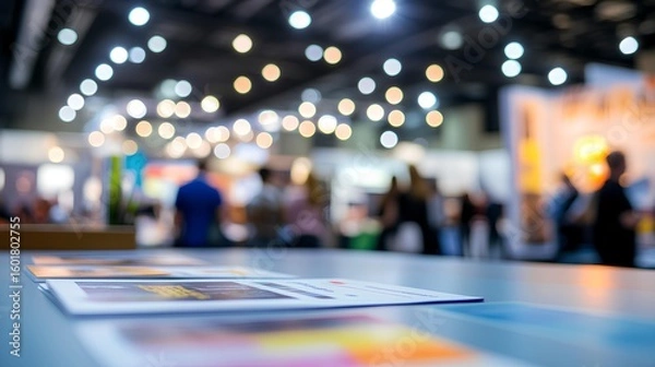 Fototapeta Brochures at Exhibition: A vibrant photograph captures a trade show setting with an out-of-focus background.