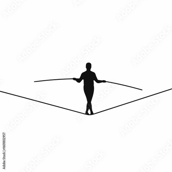 Fototapeta Minimal vector of a man walking across a tightrope with balance pole, solid black on white, symbol of risk management