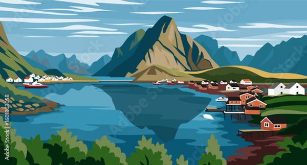 Obraz Landscape of Scandinavian Fjord Village Vector Art