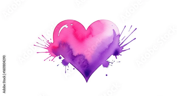 Fototapeta Watercolor heart with pink and purple gradient on a black background with paint splatter effects