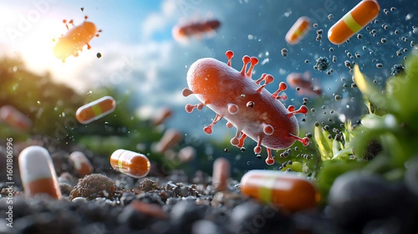 Obraz Bacterial interaction with antibiotics natural environment digital art macro view microbial resistance concepts