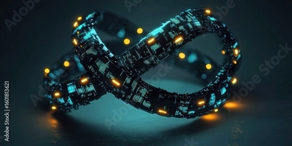 Fototapeta blue, pattern, film futuristic depiction of DNA strands intertwined with glowing AI circuits