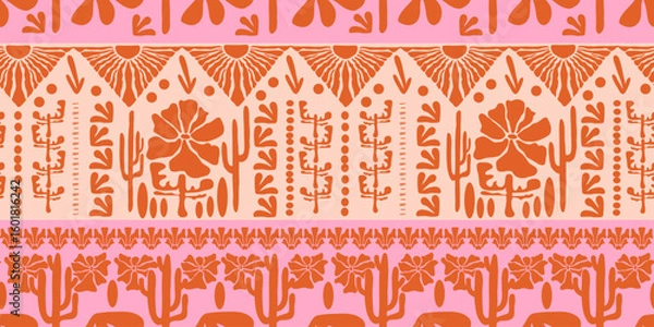 Fototapeta Desert matisse illustration. At nouveau landscape panorama with cactus. Tile seamless pattern in groovy 60s 70s vibes.