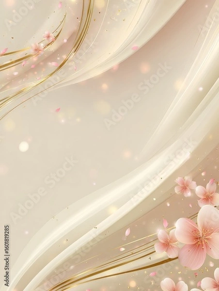 Obraz Kinetic gold waves with embossed texture flowing on cream vertical backdrop, scattered cherry blossoms with subtle glow, minimalist Japanese design for youthful digital lifestyles and emotional brandi