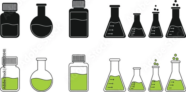 Fototapeta Collection of laboratory glassware and bottles with liquid for science experiments and research
