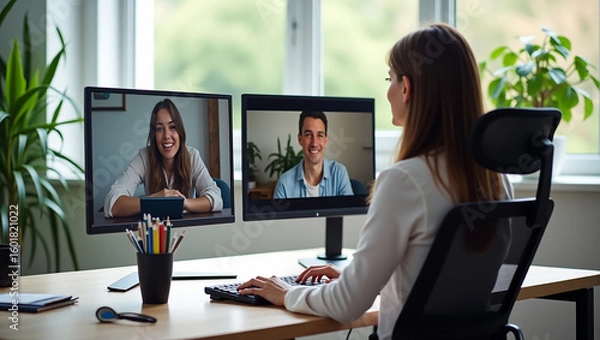Fototapeta A woman from behind is sitting at a desk, focused on two computer monitors displaying two different people in a video call.