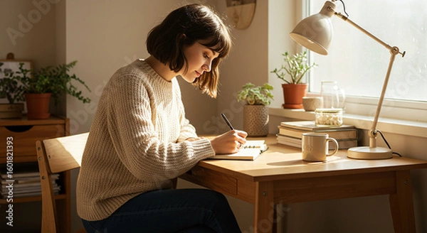 Fototapeta A young woman sits quietly at an antique wooden table, writing or jotting something down in her open notebook.