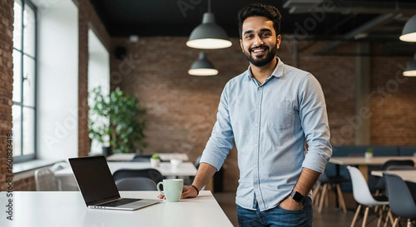 Fototapeta Portrait of a handsome young Indian businessman smiling confidently while standing in a modern office or co-working space