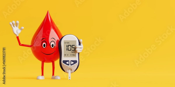 Fototapeta Diabetes Awareness And Health Monitoring Concept. Cartoon Blood Drop Mascot Character Person Holding Glucometer. 3d Rendering