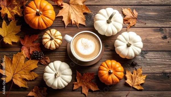 Obraz Autumn Coffee with Pumpkins and Leaves