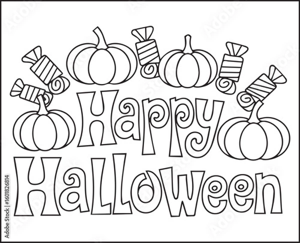 Fototapeta Halloween coloring page with spooky elements and hand-drawn doodle vector outline illustration