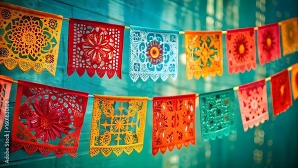 Fototapeta A string of colorful papel picado banners hangs against a teal background
