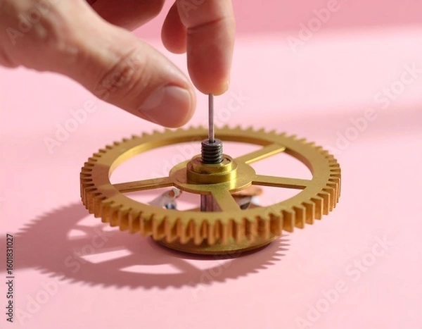 Fototapeta Tiny craftsman repairing giant clockgear with miniature tools