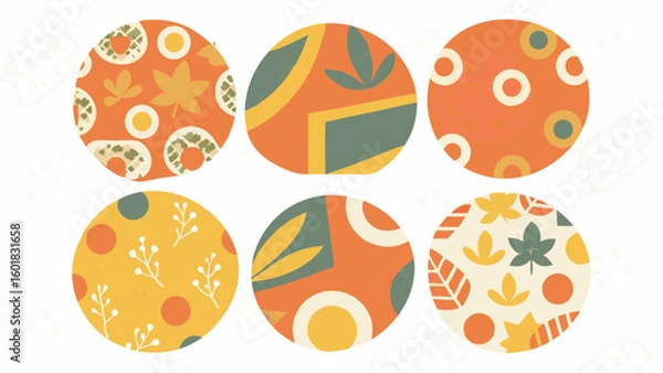 Fototapeta Six circular designs featuring abstract leaves and geometric shapes in autumn color palettes on white silhouette