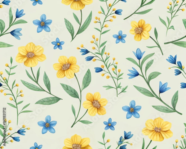 Obraz Watercolor yellow and blue wildflowers seamless pattern on light background floral