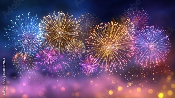 Obraz Layered festive fireworks display: intricate golden bursts, cyan radial patterns, star magenta sparks on purple-blue gradient backdrop, glowing orbs, fog effect for corporate branding header.
