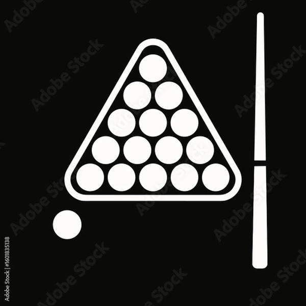 Fototapeta Creative representation of a billiard setup featuring a triangle of balls and a cue stick on a black background