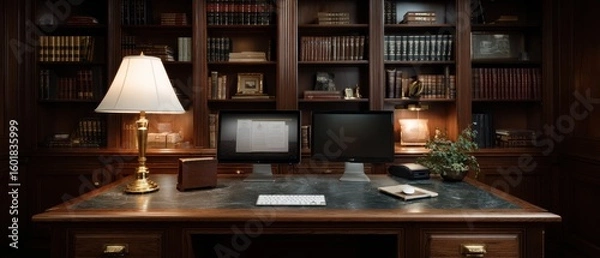 Fototapeta Law firm workspace with legal documents and dual monitors in an elegant office setting