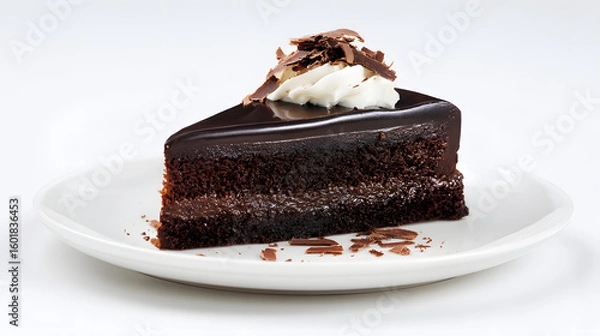Fototapeta Pristine Chocolate Fudge Cake Slice with Cream and Chocolate Shavings on White Plate in Studio Lighting