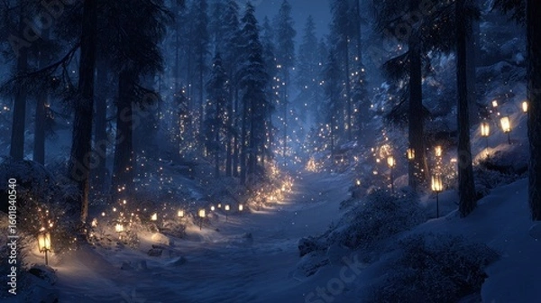 Fototapeta Snowy forest path at night