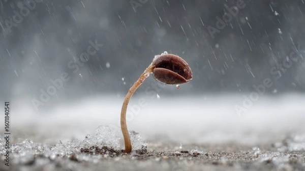 Obraz Tiny sprout in snowy ground, rain falling
