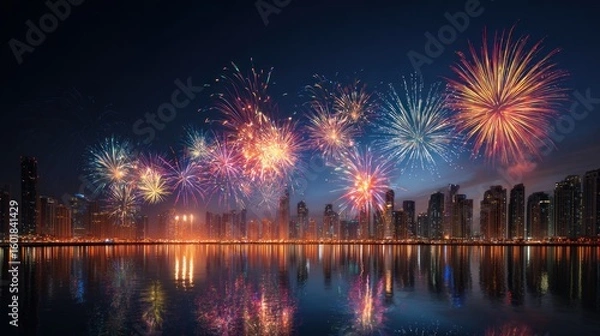 Fototapeta Fireworks over a city skyline at night