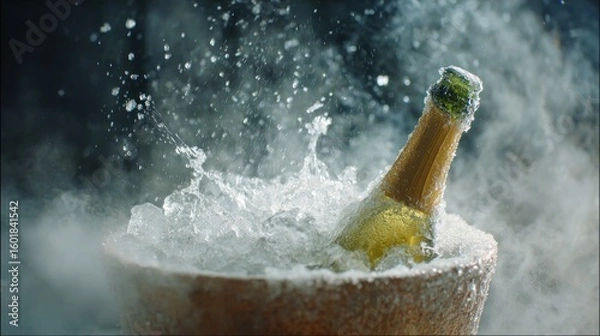 Fototapeta Champagne bottle in ice bath, splash