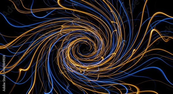 Fototapeta Abstract vortex background with glowing lines in blue and gold for wallpaper and design projects ideas