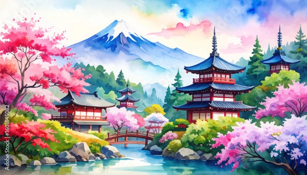 Fototapeta Tranquil Japanese landscape featuring nature and temples. Japanese painting with cherry blossoms and temples. Beautiful Mount Fuji with colorful trees and buildings. Idyllic Japanese landscape 