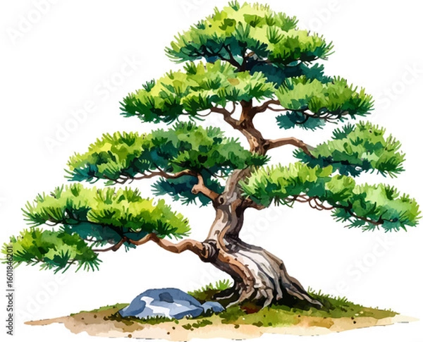Fototapeta Peaceful Bonsai tree in a decorative arrangement. Lush green Bonsai tree in a decorative pot. Bonsai tree with elegant branches and roots. Relaxing image of Bonsai tree in watercolor style