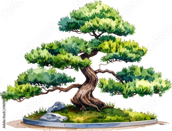 Fototapeta Elegant Bonsai tree growing in a circular base. Traditional Bonsai in a tranquil environment. Artistic Bonsai with intricate branches and foliage. Lush green Bonsai tree with vibrant leaves and roots