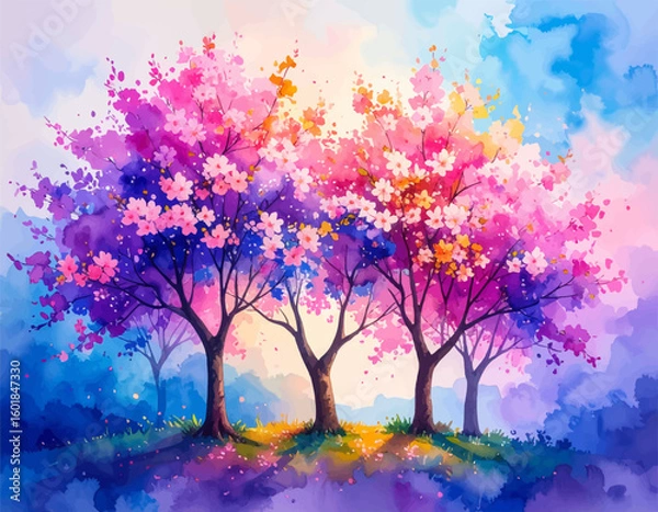 Fototapeta Dreamy spring tree blossoms in watercolor style. Floral trees with a beautiful colorful backdrop. Watercolor trees with vivid spring flowers. A peaceful garden with blossoming trees in spring
