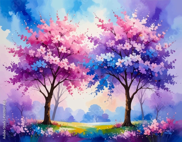 Fototapeta Bright spring trees in pink and purple hues. Colorful trees with watercolor floral blossoms. Soft pastel trees blooming in watercolor art. Vibrant flowers and trees in a dreamy scene. Spring trees