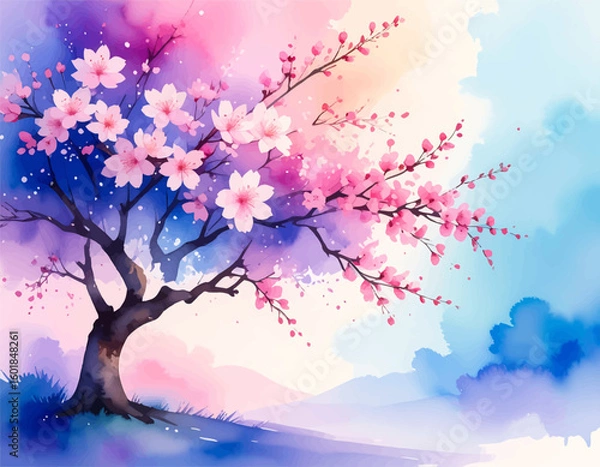 Fototapeta Serene watercolor of sakura flowers and rolling hills. Elegant cherry blossoms against a peaceful sky. Lovely cherry tree in a tranquil spring setting. Soft gradient watercolor sky with blooming tree