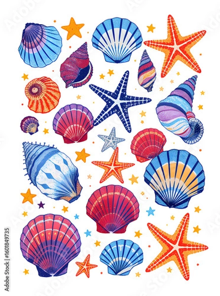 Obraz Pixelated Seashells and Starfish on Black Background Digital Artwork Marine Life Design with Blue Red and Orange Hue Aquatic Theme