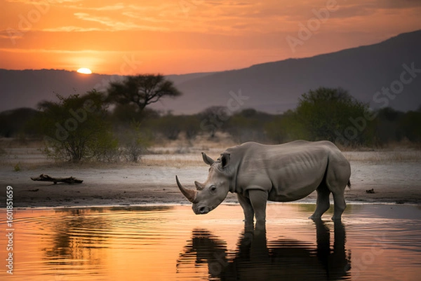 Fototapeta Rhino in water at sunset african wildlife safari nature photography animal photo