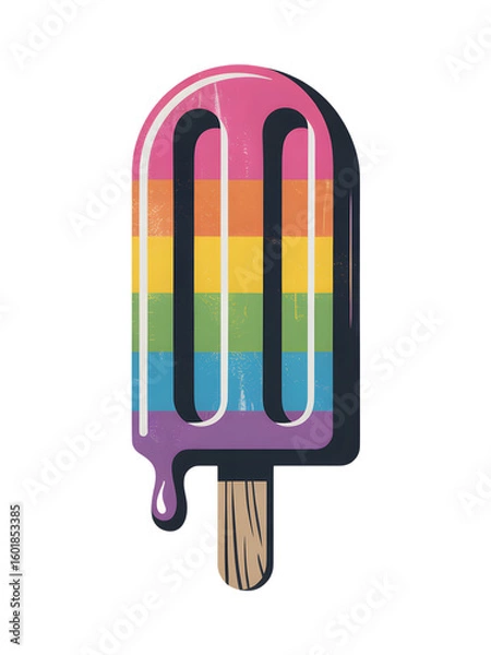 Fototapeta Retro Rainbow Popsicle with Dripping Texture on Transparent Backdrop Featuring Vibrant Stripes and Rustic Wood Stick Perfect for Summer Treats Design