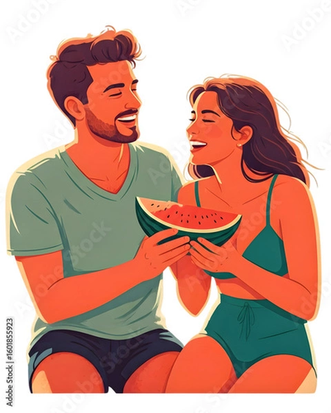 Fototapeta Smiling Couple Sharing a Slice of Watermelon in Teal and Coral Colors with Transparent Background Perfect for Summer Designs and Fun Illustrations