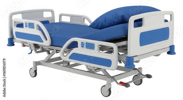 Fototapeta Adjustable hospital bed with blue mattress isolated on transparent background