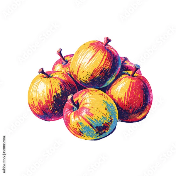 Fototapeta Stylized Apples with Retro Pixel Art Rendering on Transparent Backdrop in Blue Yellow and Red Hues