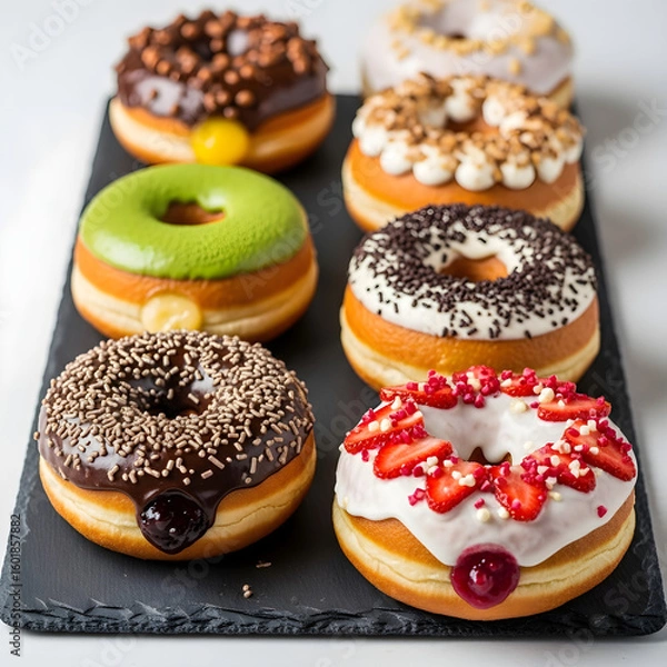 Fototapeta Indulge in Delicious Donuts A Variety of Flavors and Colors on a Serving Tray Tempting Treat Perfect for Breakfast or Dessert Freshly Baked Donut Assortment
