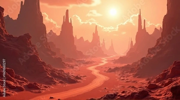 Fototapeta Red Desert Landscape Winding Road with Distant Cliffs and Orange Sky