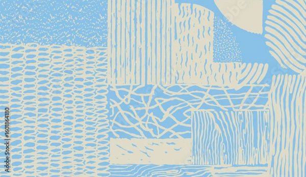 Fototapeta Hand drawn brush lines abstract organic shapes, textured surface, woven thread and dots in pastel blue. Tribal hand paint distress pattern for textile, and carpet