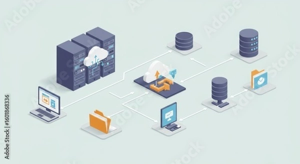 Fototapeta Diagram depicts cloud computing, data transfer, and network infrastructure with servers, computers, and connected data storage