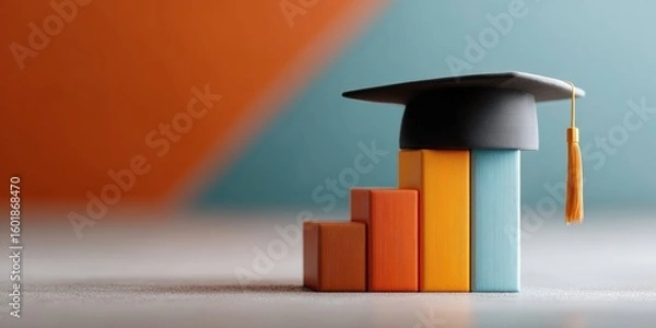 Fototapeta Modern Student Debt Forgiveness Concept with Graduation Cap on Colorful Bar Graph in Library Setting for Education Marketing and Inspiring Content