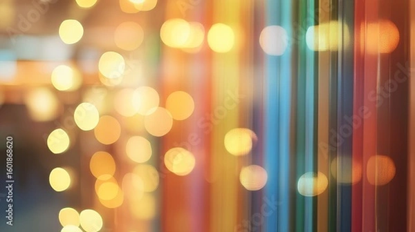 Fototapeta Abstract Bokeh Bliss: A blurred, mesmerizing display of light and color, with soft bokeh circles dancing across a vibrant backdrop of multi-hued vertical stripes.